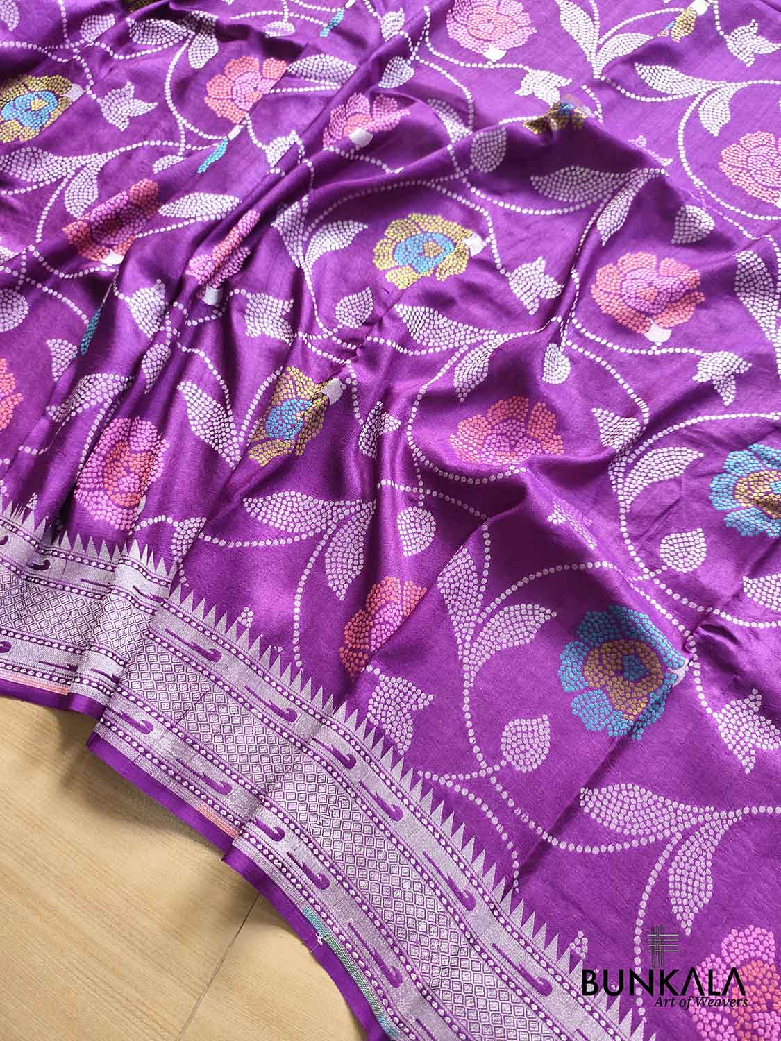 Purple Silver Zari Floral Meenakari Handloom Banarasi Pure Tussar Silk Saree