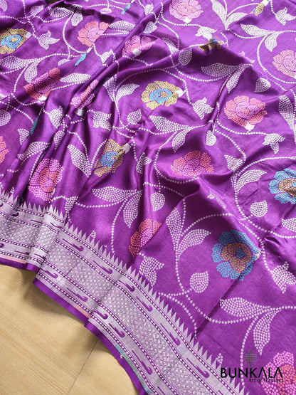 Purple Silver Zari Floral Meenakari Handloom Banarasi Pure Tussar Silk Saree