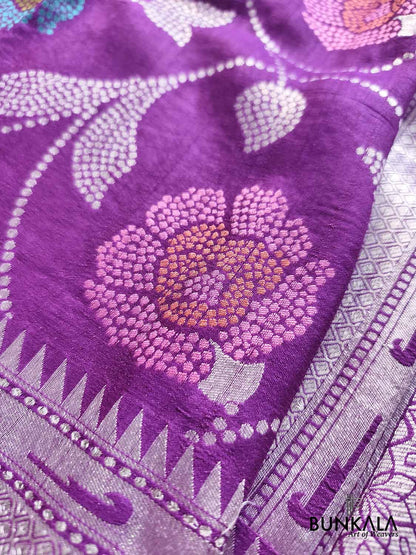 Purple Silver Zari Floral Meenakari Handloom Banarasi Pure Tussar Silk Saree
