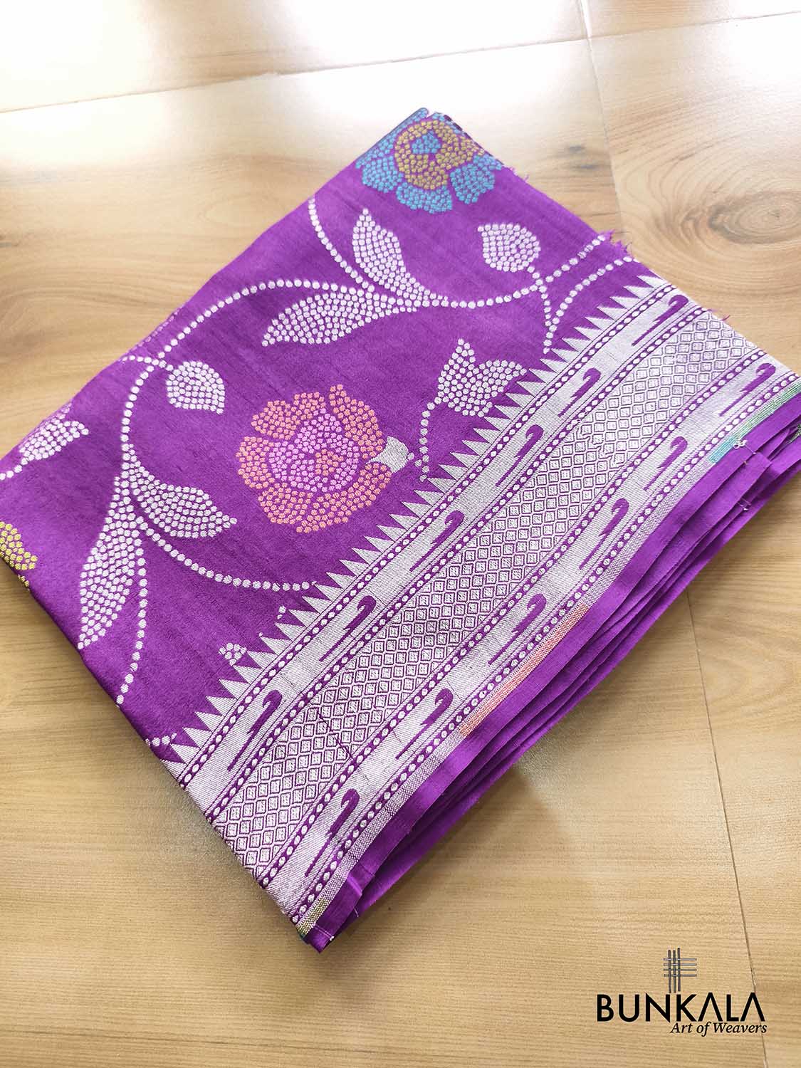 Purple Silver Zari Floral Meenakari Handloom Banarasi Pure Tussar Silk Saree