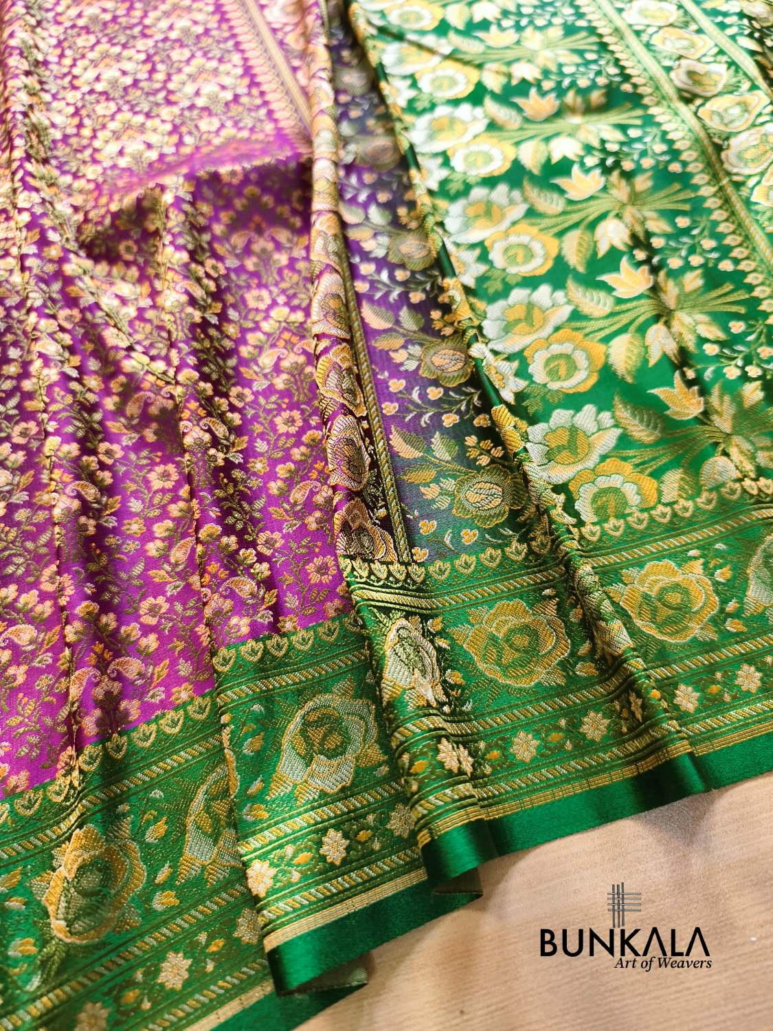 Purple With Green Banarasi Meena Jamewar Weaved Mashru Silk Saree 