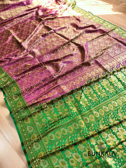 Purple With Green Banarasi Meena Jamewar Weaved Mashru Silk Saree 
