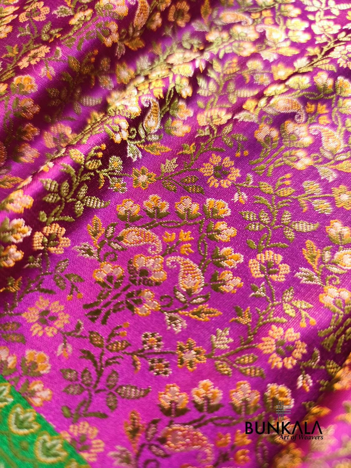 Purple With Green Banarasi Meena Jamewar Weaved Mashru Silk Saree 