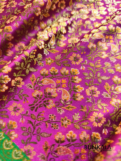 Purple With Green Banarasi Meena Jamewar Weaved Mashru Silk Saree 