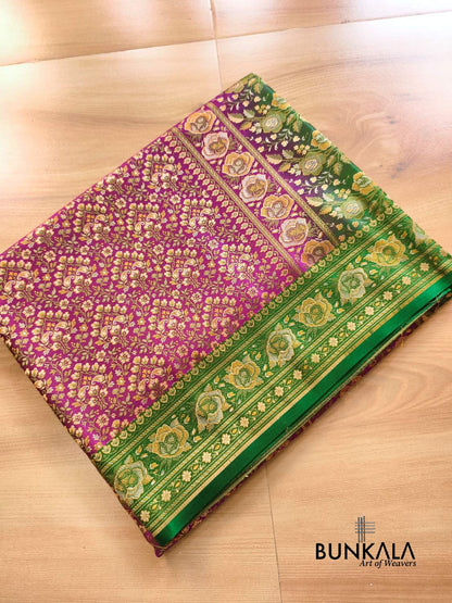 Purple With Green Banarasi Meena Jamewar Weaved Mashru Silk Saree 