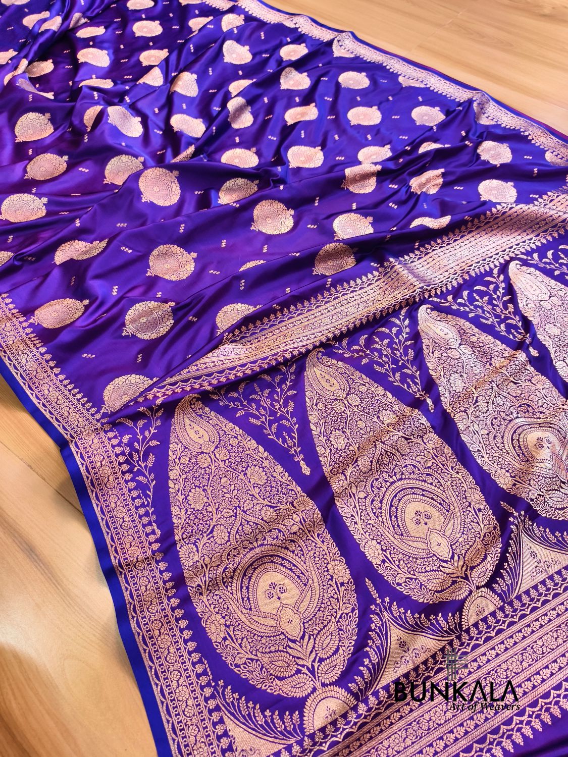 Purplish Blue Buta Banarasi Mashru Soft Silk Saree with Paisley Pallu
