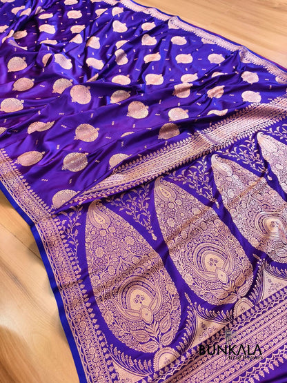 Purplish Blue Buta Banarasi Mashru Soft Silk Saree with Paisley Pallu