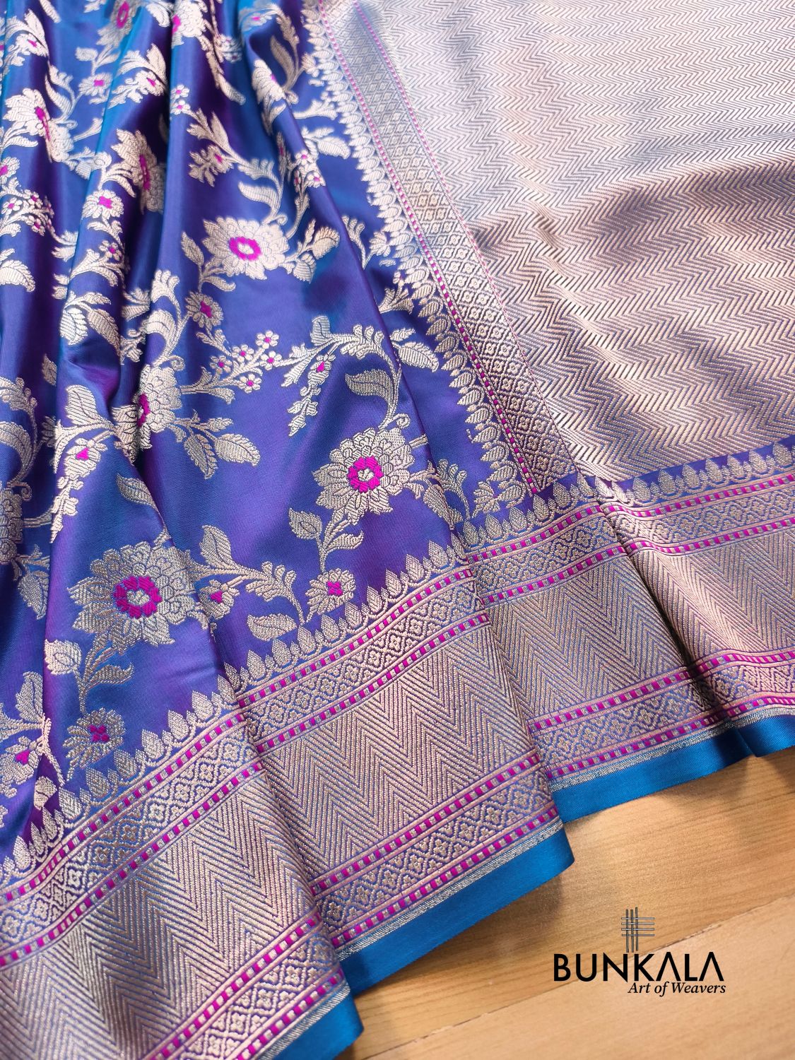 Purplish  Blue Jamewar Weaved Meenakari Floral Jaal Banarasi Mashru Silk Saree 