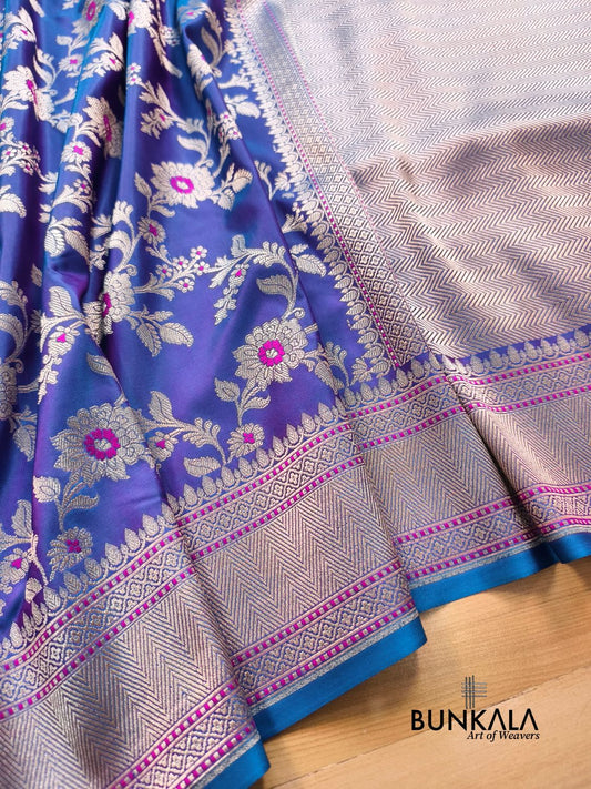 Purplish  Blue Jamewar Weaved Meenakari Floral Jaal Banarasi Mashru Silk Saree 