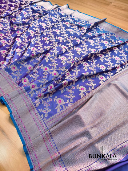Purplish  Blue Jamewar Weaved Meenakari Floral Jaal Banarasi Mashru Silk Saree 