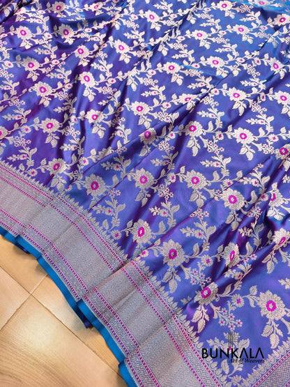 Purplish  Blue Jamewar Weaved Meenakari Floral Jaal Banarasi Mashru Silk Saree 