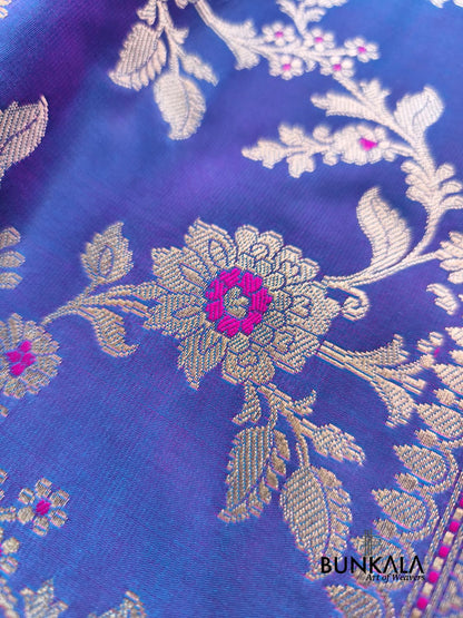 Purplish  Blue Jamewar Weaved Meena Floral Jaal Banarasi Mashru Silk Saree