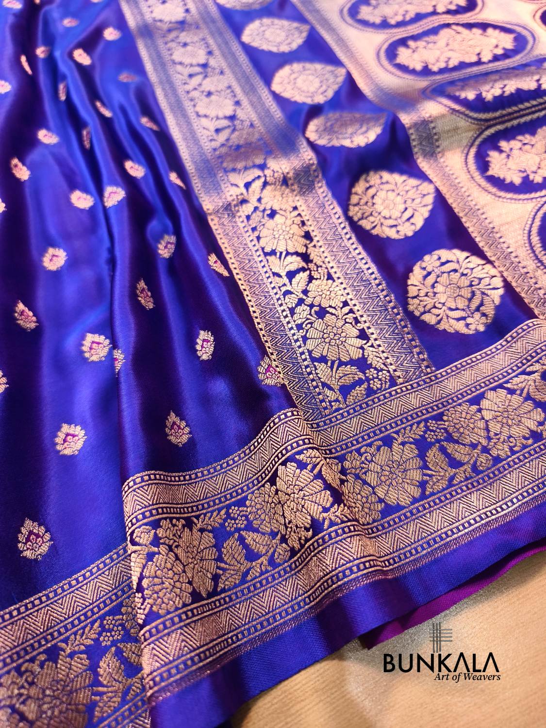 Purplish Blue Meena Buti Banarasi Mashru Silk Saree