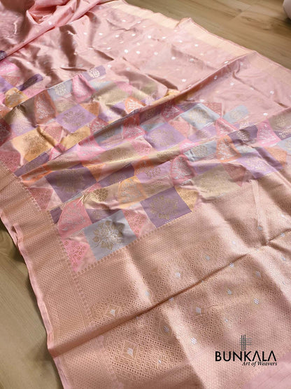 Rangkat Multi Pastel Peach Kadwa Handweaved Banarasi Pure Tissue Silk Saree
