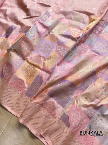 Rangkat Multi Pastel Peach Kadwa Handweaved Banarasi Pure Tissue Silk Saree