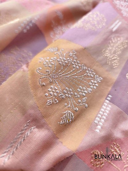 Rangkat Multi Pastel Peach Kadwa Handweaved Banarasi Pure Tissue Silk Saree