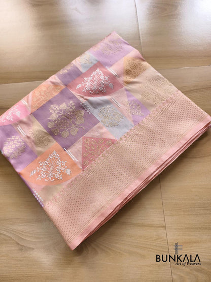 Rangkat Multi Pastel Peach Kadwa Handweaved Banarasi Pure Tissue Silk Saree