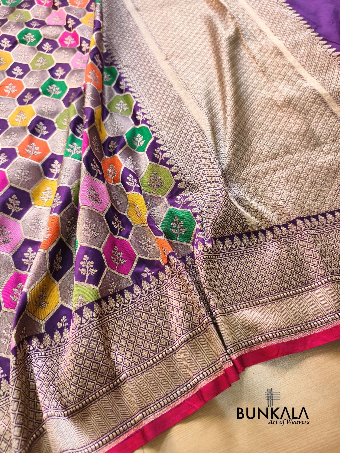 Rangkat Multicolor Geometric Handloom Banarasi Pure Katan Silk Saree