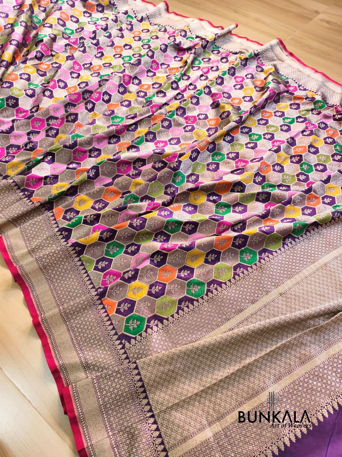 Rangkat Multicolor Geometric Handloom Banarasi Pure Katan Silk Saree