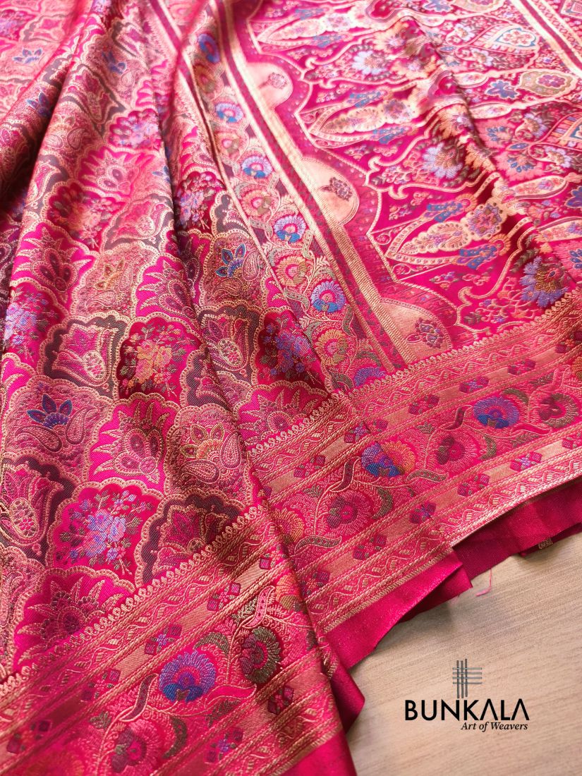 Rani Pink Rangkat Jamewar Mughal Pattern Weaved Banarasi Mashru Silk Saree