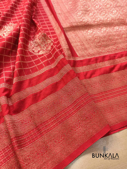 Red Checks Sona Zari Big Border Banarasi Georgette Saree