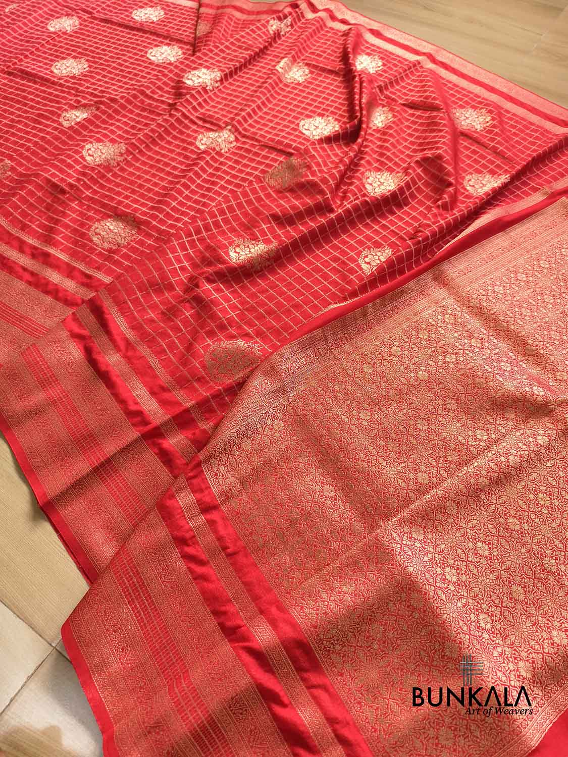 Red Checks Sona Zari Big Border Banarasi Georgette Saree