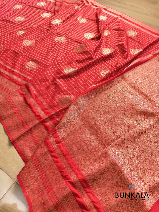 Red Checks Sona Zari Big Border Banarasi Georgette Saree