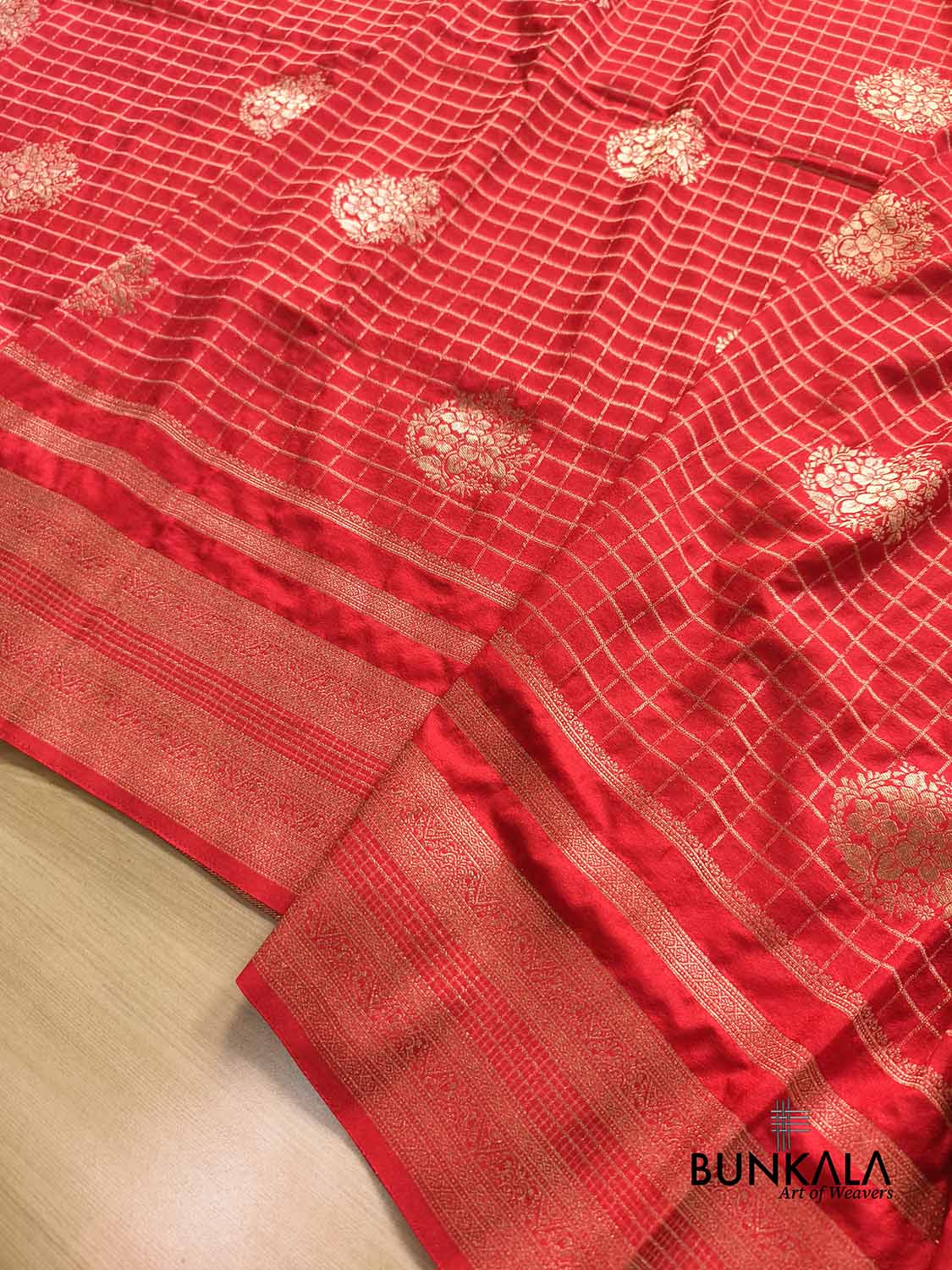 Red Checks Sona Zari Big Border Banarasi Georgette Saree