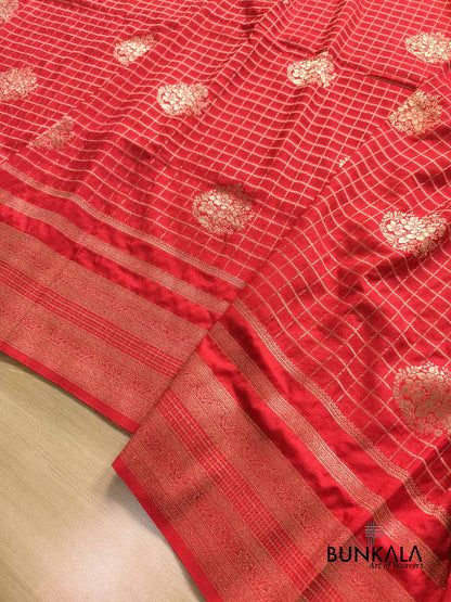 Red Checks Sona Zari Big Border Banarasi Georgette Saree