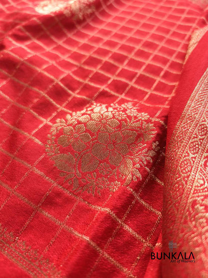 Red Checks Sona Zari Big Border Banarasi Georgette Saree