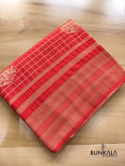 Red Checks Sona Zari Big Border Banarasi Georgette Saree