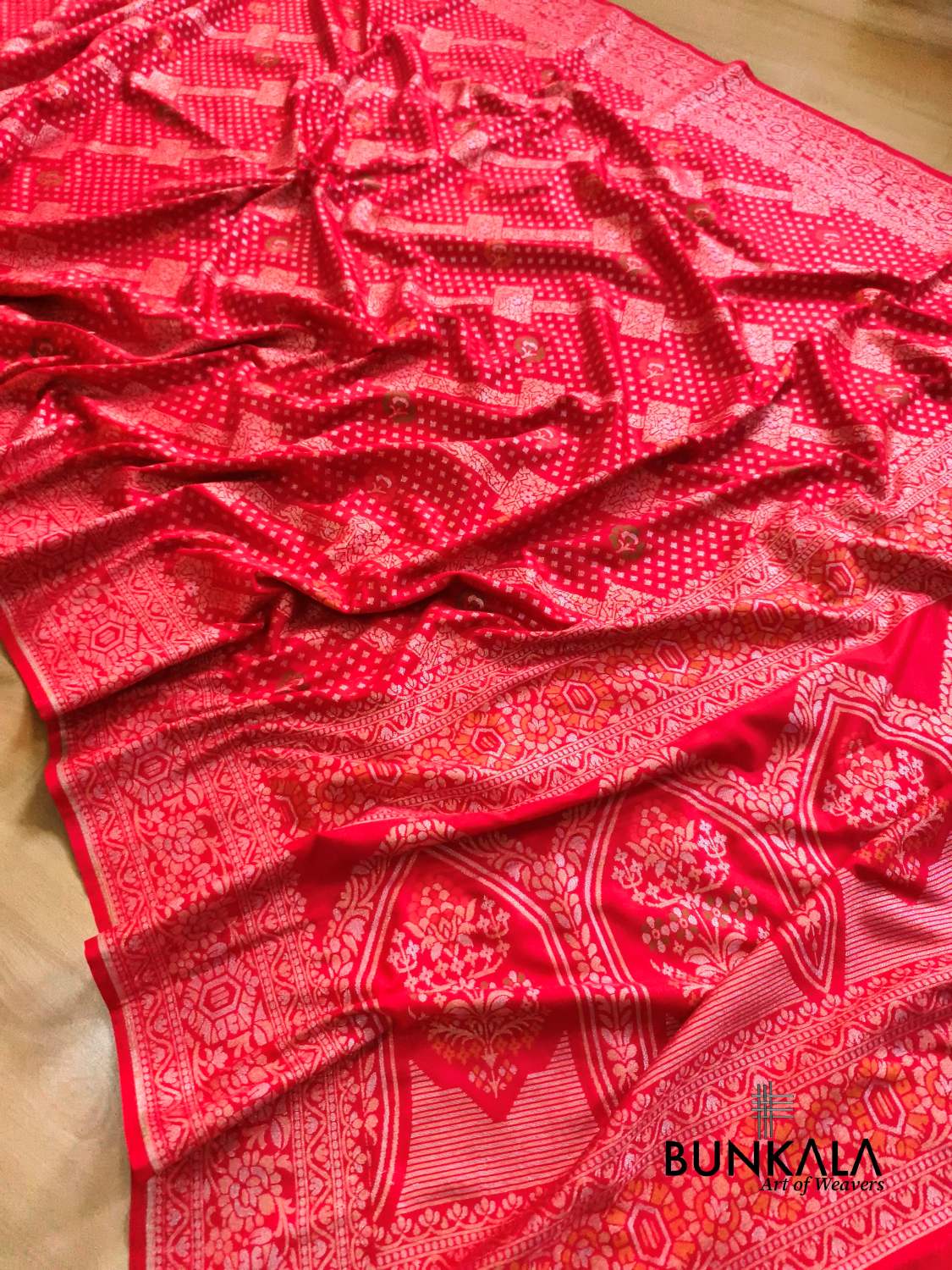 Red Ektara Banarasi Jamdani Meena Geometric Weaved Silk Saree 