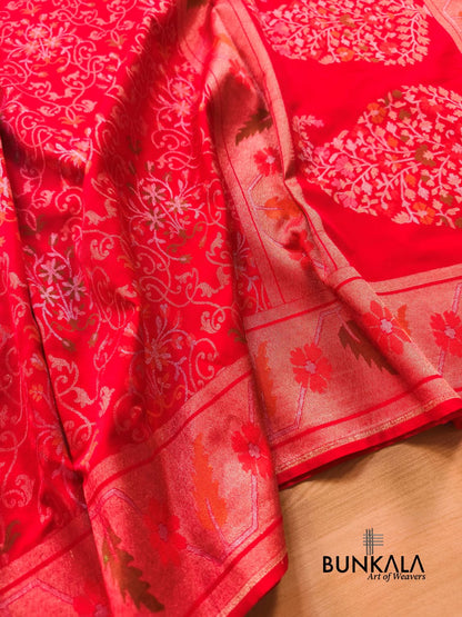 Red Ektara Banarasi Jamdani Meenakari Weaved Silk Saree 