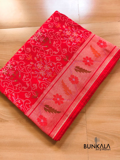 Red Ektara Banarasi Jamdani Meenakari Weaved Silk Saree 