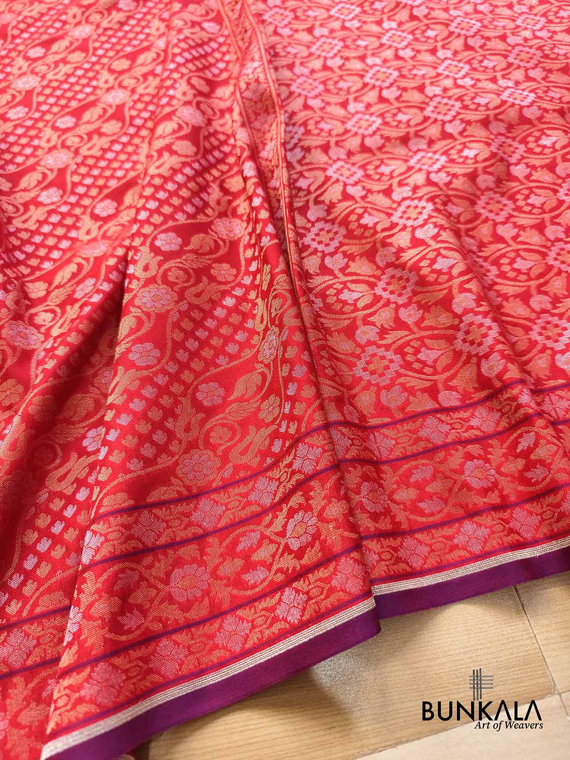 Red Ektara Banarasi Jamdani Weaved Silk Saree