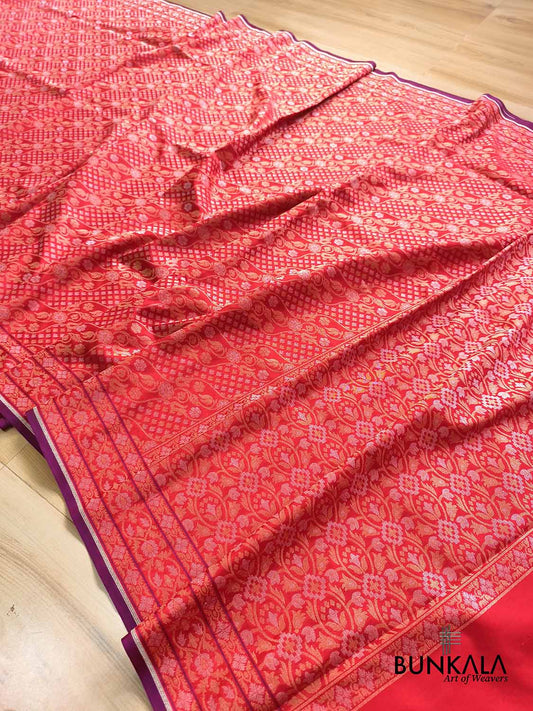 Red Ektara Banarasi Jamdani Weaved Silk Saree