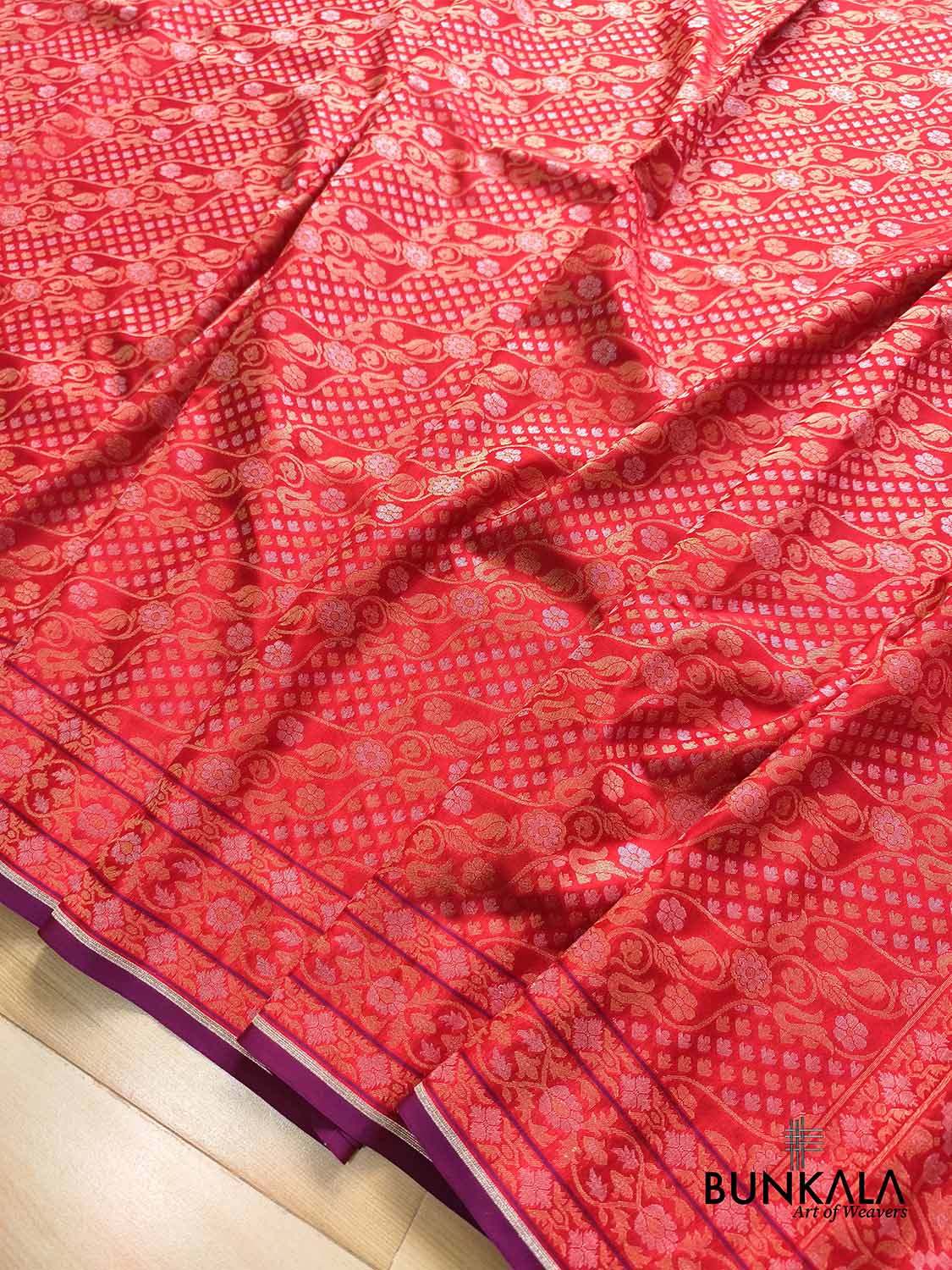 Red Ektara Banarasi Jamdani Weaved Silk Saree
