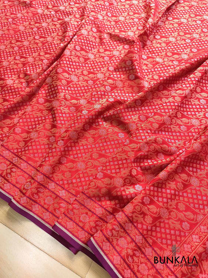 Red Ektara Banarasi Jamdani Weaved Silk Saree
