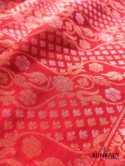 Red Ektara Banarasi Jamdani Weaved Silk Saree