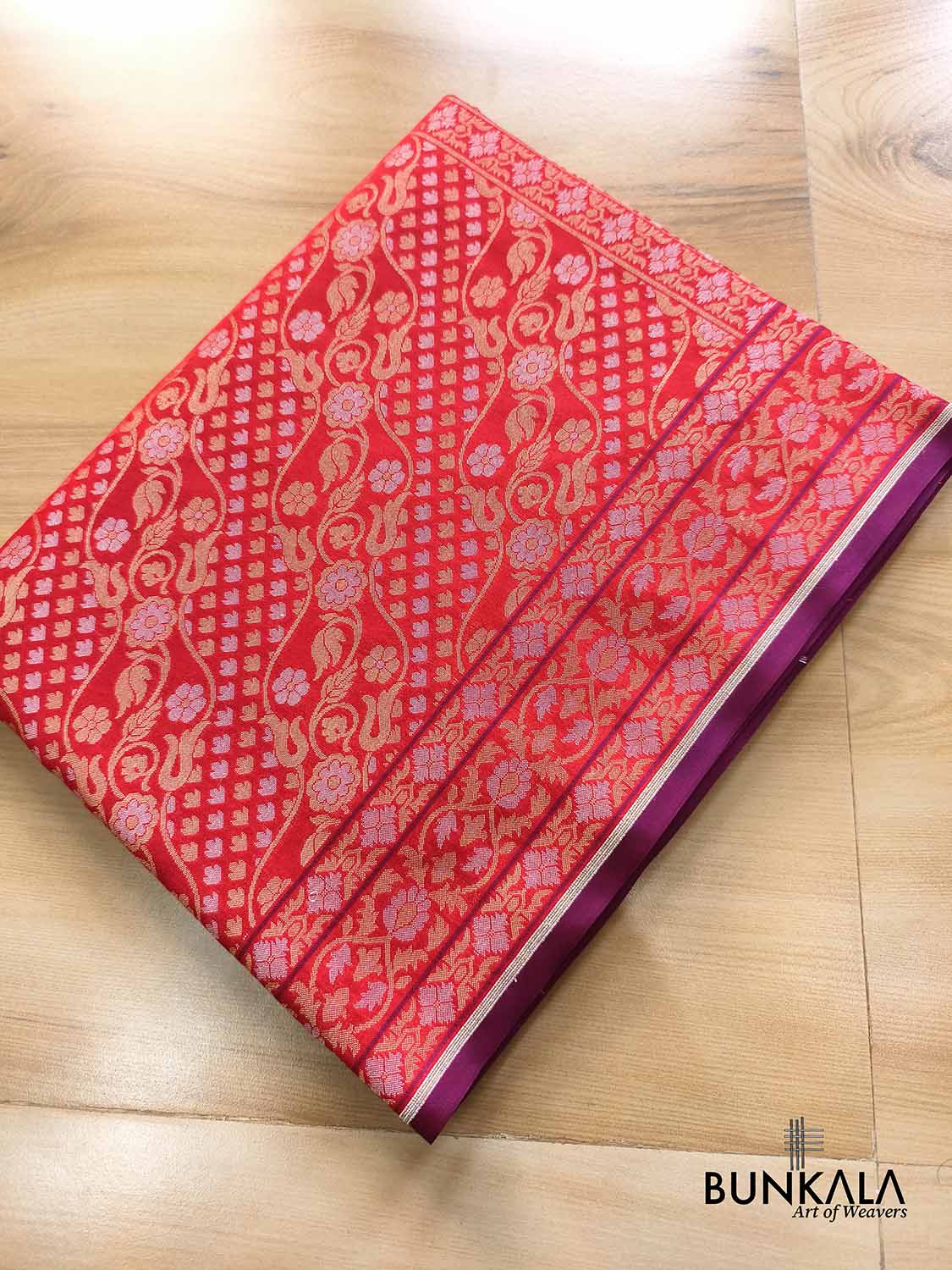 Red Ektara Banarasi Jamdani Weaved Silk Saree