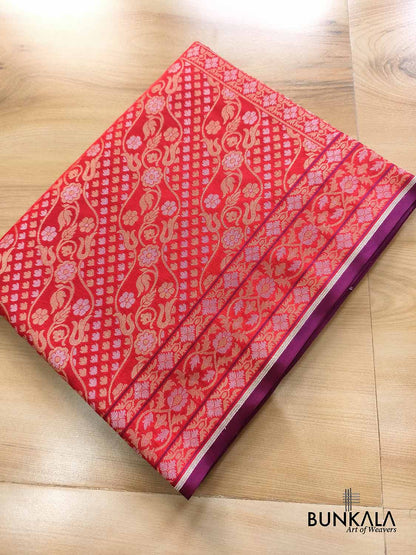 Red Ektara Banarasi Jamdani Weaved Silk Saree