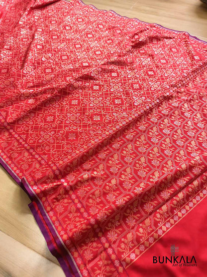 Red Ektara Banarasi Jamdani Weaved Silk Saree