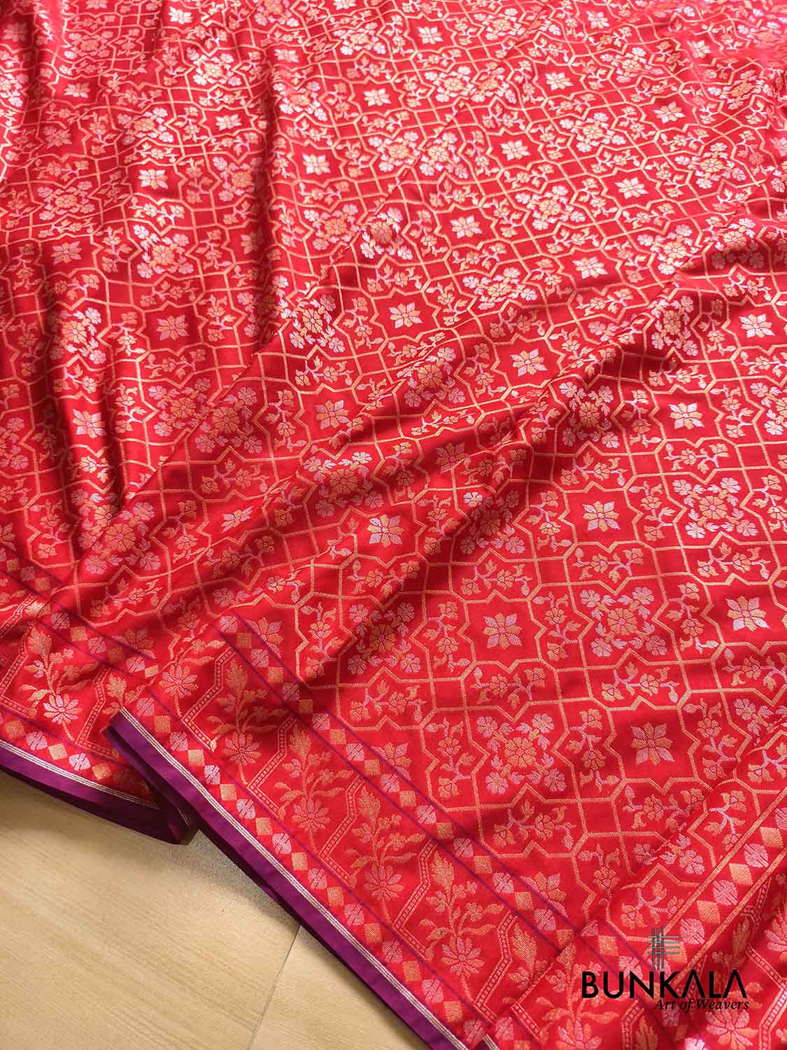 Red Ektara Banarasi Jamdani Weaved Silk Saree