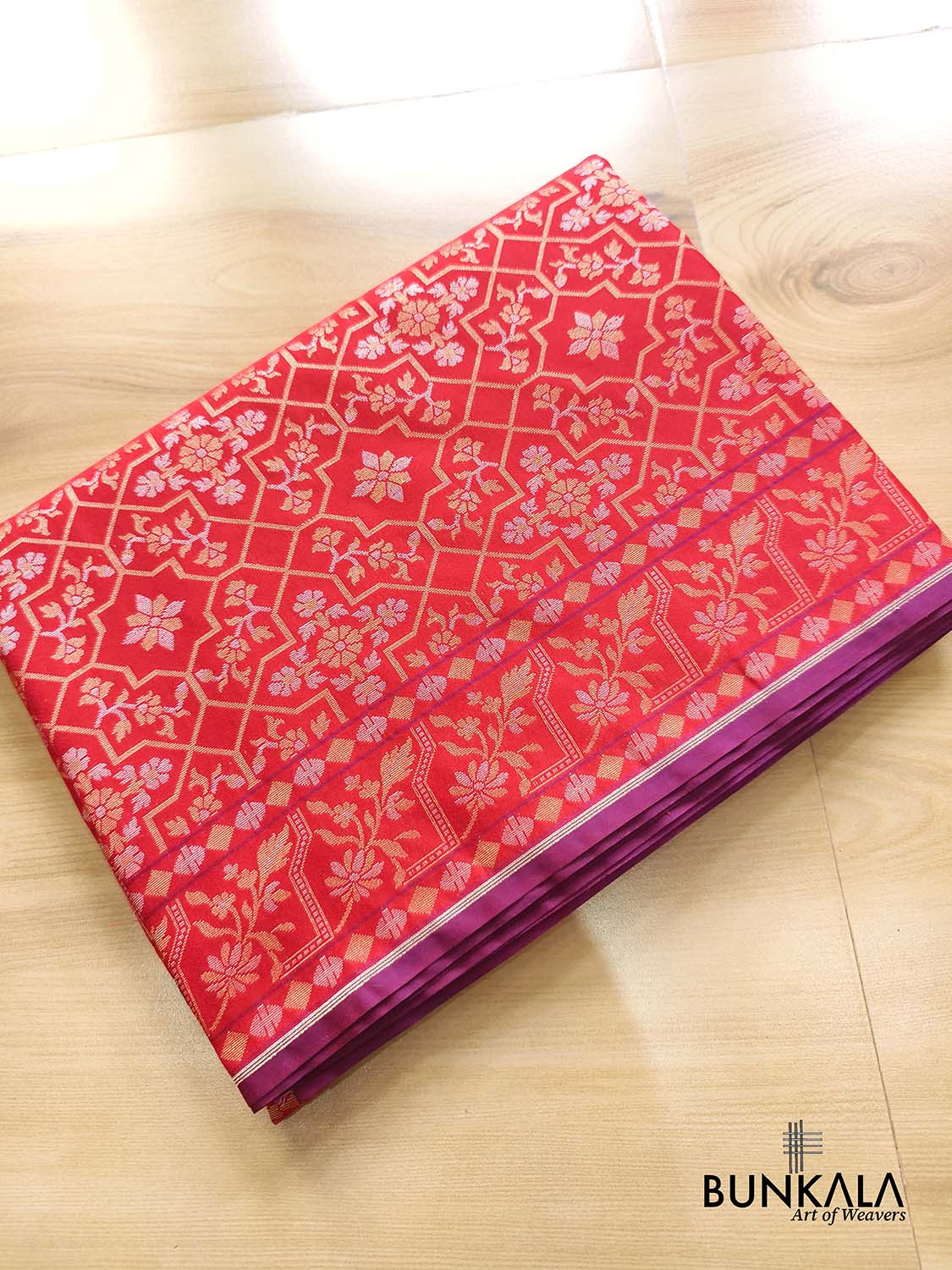 Red Ektara Banarasi Jamdani Weaved Silk Saree