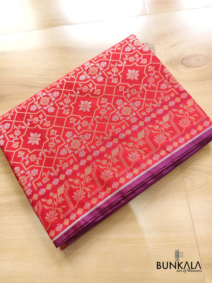 Red Ektara Banarasi Jamdani Weaved Silk Saree