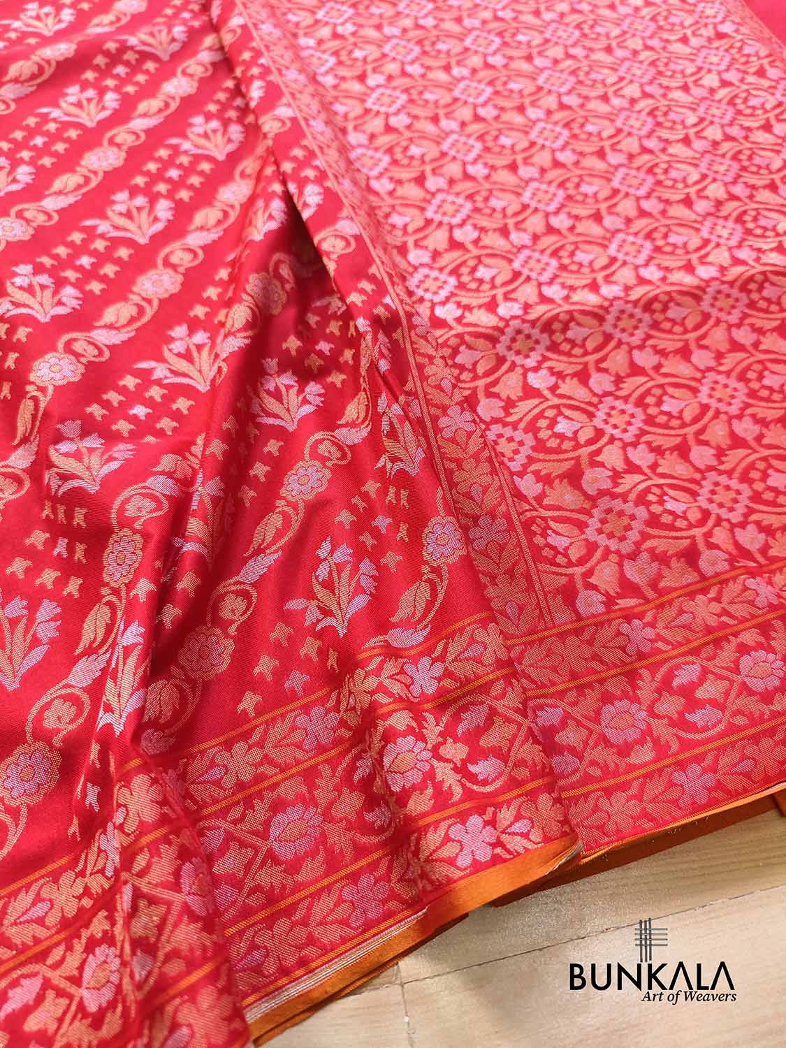 Red Ektara Banarasi Jamdani Weaved Silk Saree