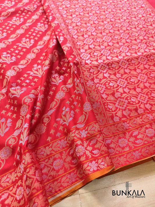 Red Ektara Banarasi Jamdani Weaved Silk Saree
