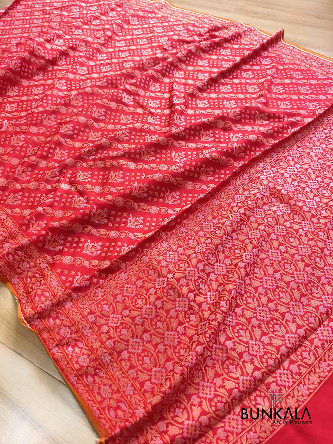 Red Ektara Banarasi Jamdani Weaved Silk Saree