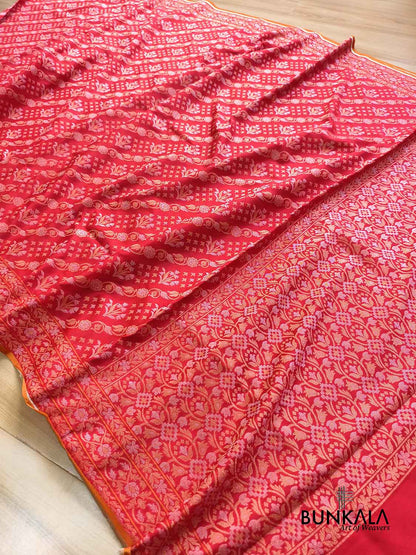 Red Ektara Banarasi Jamdani Weaved Silk Saree
