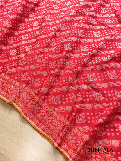 Red Ektara Banarasi Jamdani Weaved Silk Saree